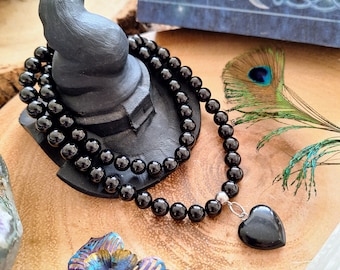 Black Tourmaline Beaded Necklace: Obsidian Heart Amulet
