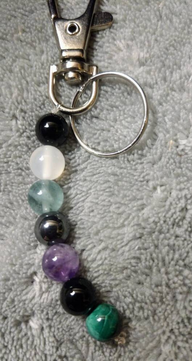 Empath Protection Crystal key ring chain Bag Charm with Rose Quartz, Malachite, Hematite, Fluorite, Amethyst and Black Tourmaline 