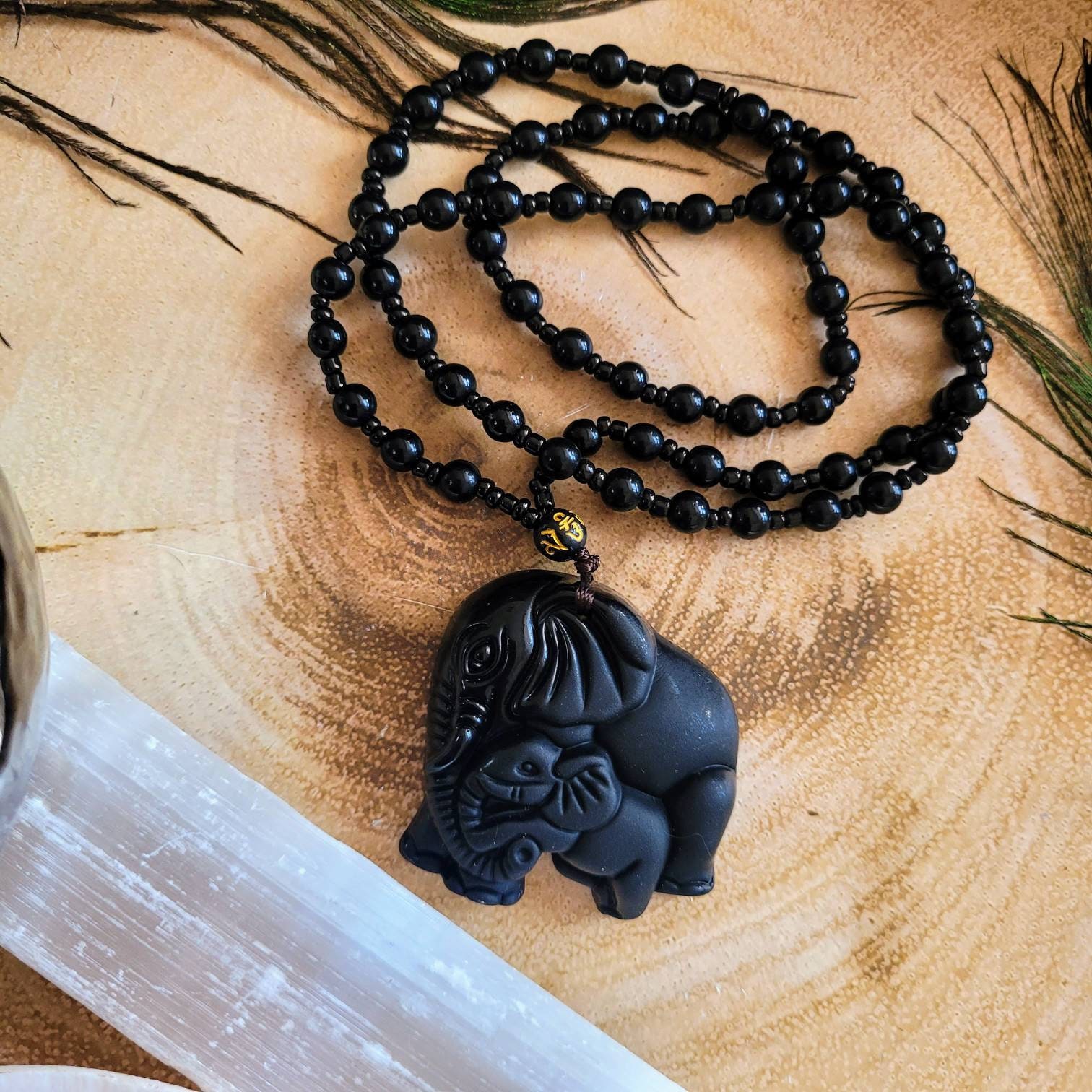 Black Obsidian adjustable necklace elephant pendant crystal healing protection amulet gift for him or her