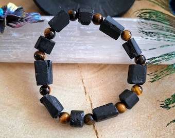 Raw Black Tourmaline & Tiger's Eye Bracelet: Crystal Healing Jewellery