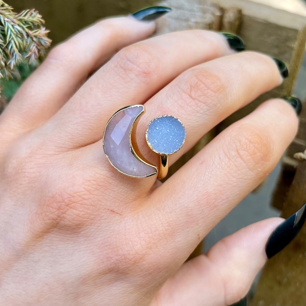 Druzy and Rose Quartz Moon Crystal Ring Adjustable 24K Electroplated Gold Celestial Healing Jewelry Gift For Her