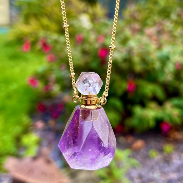 Flacon de parfum améthyste, collier en cristal, pendentif, cadeau pour elle, porteuse d'huiles essentielles d'aromathérapie