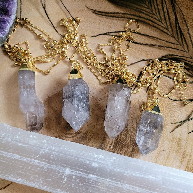 Raw Herkimer Diamond Pendant Necklace: Gold Electroplated Crystal Healing image 7