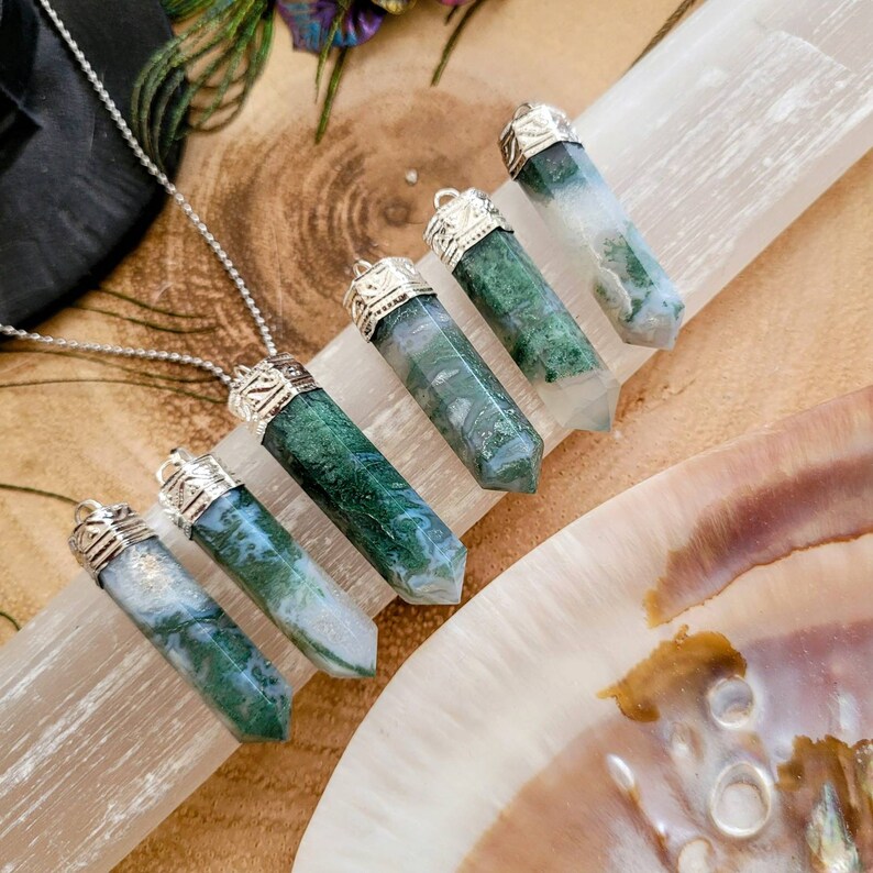 Green moss agate point pencil pendant necklace gift for him or her crystal healing jewellery for men or women witchy gemstone jewelry image 5