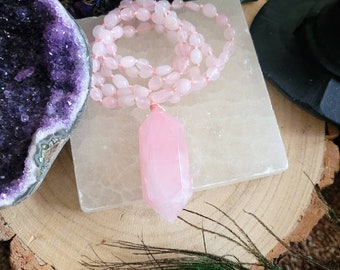 Rose Quartz Necklace with large double terminated Point pendant Crystal healing witchy jewellery gift for her heart chakra stone