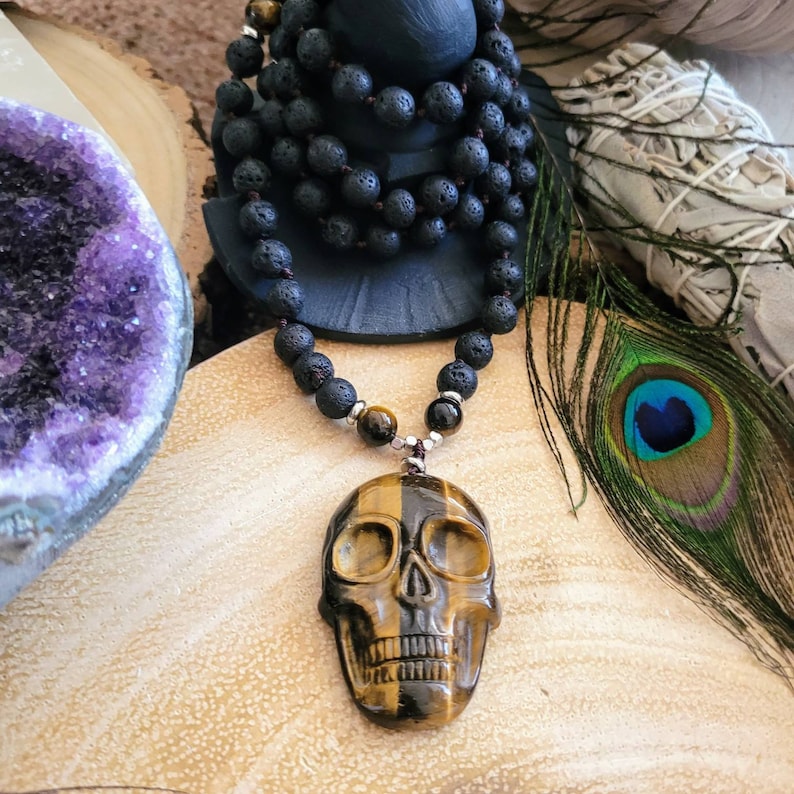 tigers eye skull pendant and lava stone necklace for men or women crystal healing witchy jewellery protection talisman gemstone jewelry image 2