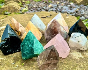 Imperfect Crystals, Cheap Damaged Half Polished Towers, Natural Stones, Sea Green Fluorite, Smoky Quartz, Sheen Obsidian, Clear Quartz