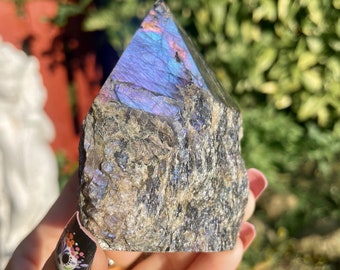Purple Flash Labradorite Tower Point Half Polished Raw Crystal Healing Natural Stone Decor 214g