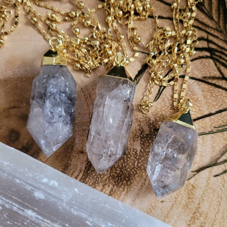 Raw Herkimer Diamond Pendant Necklace: Gold Electroplated Crystal Healing image 11