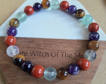 Viljestyrkekristall Healing Armband: Tigeröga, Granat, Fluorit, Ametist