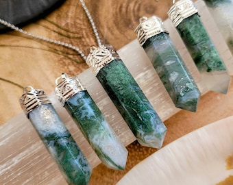 Green moss agate point pencil pendant necklace gift for him or her crystal healing jewellery for men or women witchy gemstone jewelry