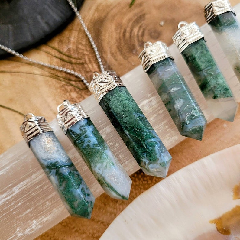 Green moss agate point pencil pendant necklace gift for him or her crystal healing jewellery for men or women witchy gemstone jewelry image 1