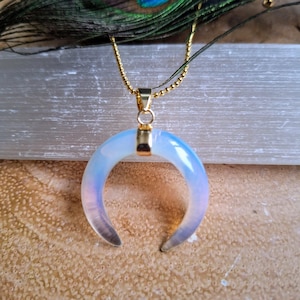 Opalite moon double horn pendant opalite quarter moon necklace celestial jewellery gift for her horn shaped crystal healing necklace