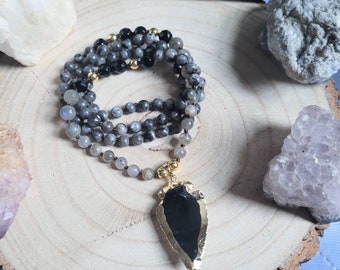 Larvikite and labradorite necklace with black obsidian arrowhead pendant mala crystal jewellery natural Stone jewelry