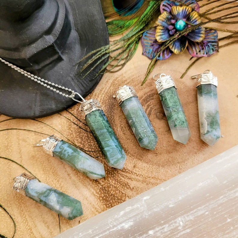 Green moss agate point pencil pendant necklace gift for him or her crystal healing jewellery for men or women witchy gemstone jewelry image 10