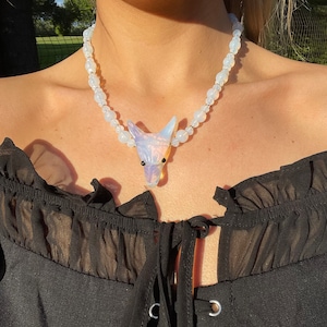 Opalite Wolf Choker: Carved Gemstone Beaded Necklace