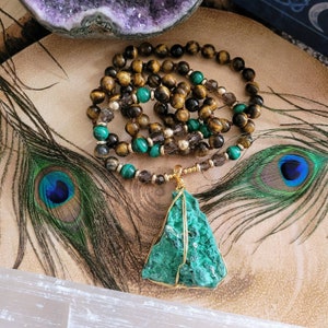 Tiger&#39;s Eye Necklace: Raw Malachite Pendant, Crystal Healing Jewellery