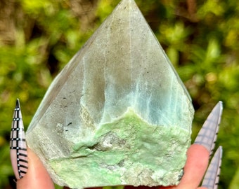 Green Moonstone Garnierite Tower Point Half Polished Raw Crystal Healing Natural Stone Decor 283g