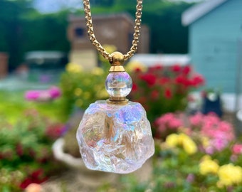 Angel Aura raw stone perfume bottle crystal  necklace pendant gift for her aromatherapy essential oil carrier