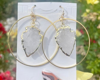Clear Quartz raw arrow large hoop 2 inch earrings crystal healing natural stone gold jewellery