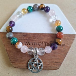 White Witch Protection Crystal Bracelet: Bloodstone, Tigers Eye, Malachite, Amethyst, Pentagram Charm
