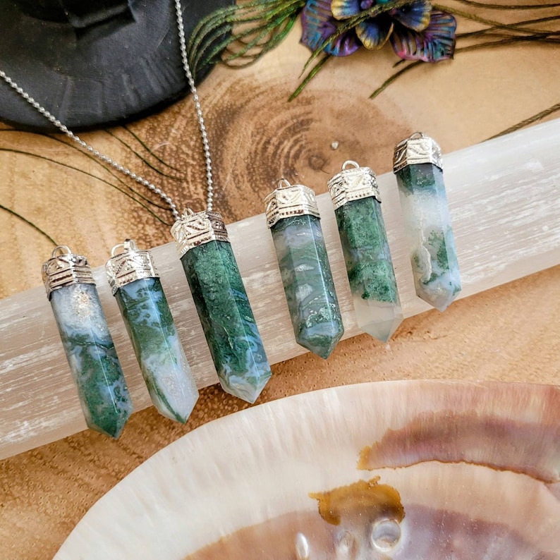 Green moss agate point pencil pendant necklace gift for him or her crystal healing jewellery for men or women witchy gemstone jewelry image 3