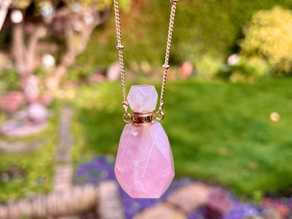 Rose Quartz Perfume Bottle Crystal Necklace Pendant Gift for Her Aromatherapy Essential Oil Carrier Etsy