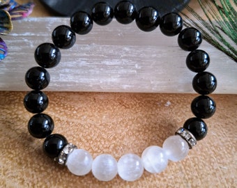 Pulsera de turmalina negra y selenita cristal curativo piedra natural Root Chakra Grounding regalo de joyería para él o ella