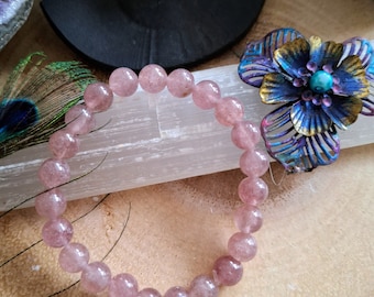 Strawberry quartz bracelet crystal healing natural stone stretch stacking jewellery gift for him or her heart chakra jewelry for women