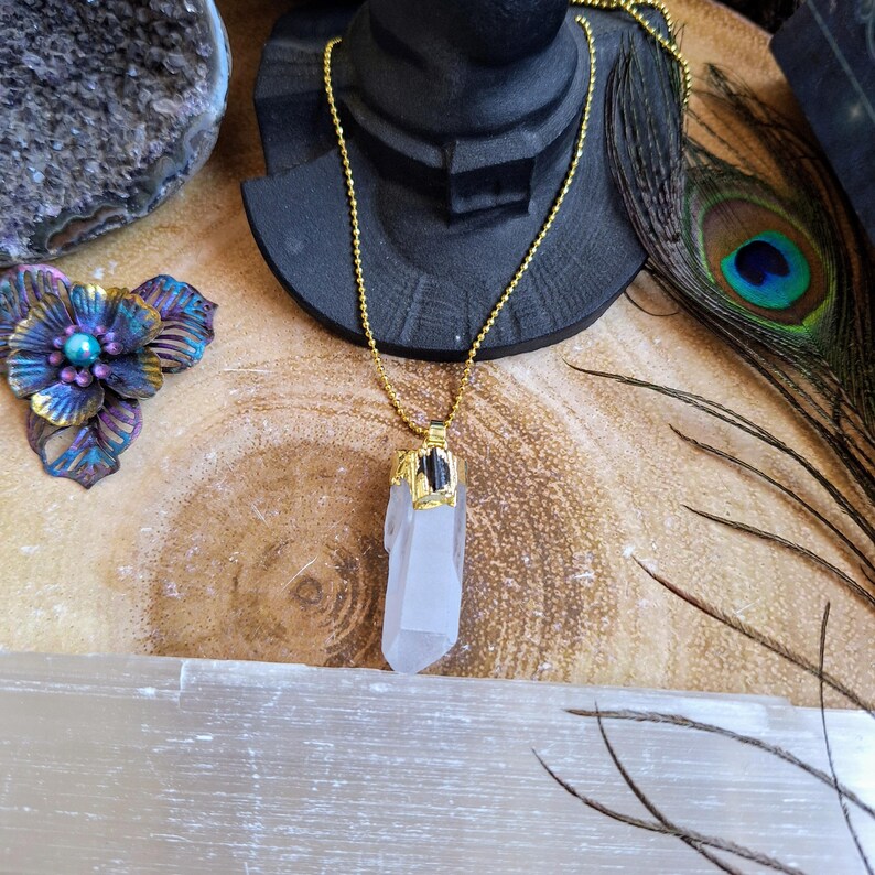 Clear Quartz and Black Tourmaline Pendant Necklace Crystal Gift for Her