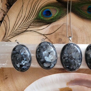 Larvikite oval pendant black moonstone necklace crystal healing gift for her larvikite jewellery