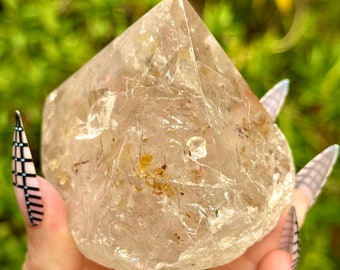 Smoky Golden Rutile Quartz Tower Half Polished Point Raw Crystal Natural Rainbow Inclusion Home Decor Polished Gemstone Ornament 380g