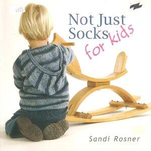 May include: A child wearing a blue and gray striped hooded sweater and jeans sits near a wooden rocking horse. The book cover reads "Not Just Socks for kids" with the author's name, Sandi Rosner, at the bottom.