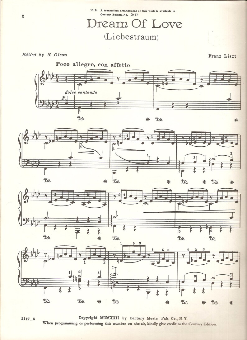 VINTAGE Sheet Music Liebestraum No. 3