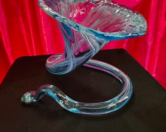 MCM Midcentury Ozark Style Sooner Aqua Blue Freeform Hand-blown Swung Glass Trumpet Cornucopia Splash Dish Coil Vase Vintage Art Sculpture