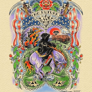 No Future Death Rides a Pale Horse Reaper Old School Traditional Tattoo Flash Art Print Design