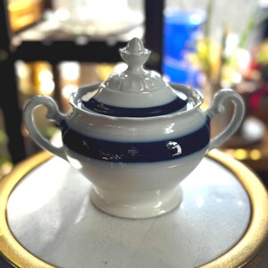 Hutschenruether Cobalt Blue Stripe Sugar Bowl Tureen Modern Porcelain Chinoiserie Vintage