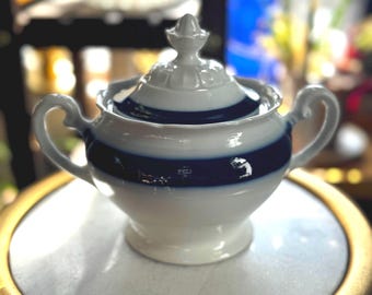 Hutschenruether Cobalt Blue Stripe Sugar Bowl Tureen Modern Porcelain Chinoiserie Vintage