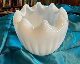 Vintage Ruffled Milk Glass Vase Planter Vessel
