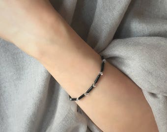 NY Herkimer Diamond Quartz, Black Handmade Leather Beads Bracelet