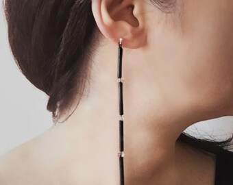 NY Herkimer Diamond Long Black Handmade Leather Beads Earrings
