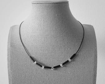 NY Herkimer Diamond Quartz, Handmade Black Leather Beads Necklace