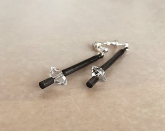 NY Herkimer Diamond Handmade Black Leather Beads Earrings