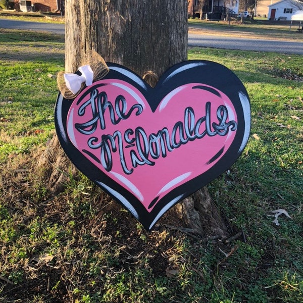 Plywood Hand cut Hand painted Wooden 3D Heart Door Hanger Personalized Valentines Day Be Mine Pink Black Year Round