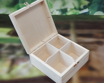 4 Compartments Wooden Tea Box With a Latch Unfinished Wooden Box, Wooden Jewelry Box