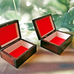 Set of 2 small dark brown color stained wooden keepsake boxes with red felt lining Woden Storage Box