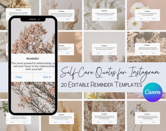 Editable Self-Care Instagram Templates | Canva Editable | 20 Motivational Reminder Quotes