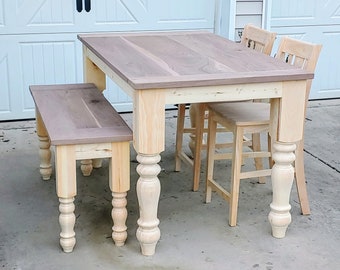 Walnut Island Height Counter Height Chunky Leg Farmhouse Table With Matching Bench and Chairs