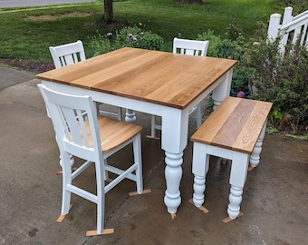 Handcrafted Oak Farmhouse Dining Table Set, Chunky Leg, Counter Height
