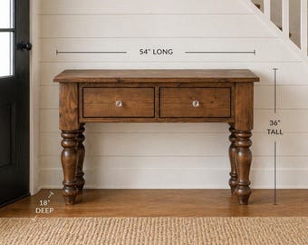 Rustic Farmhouse Entryway Table with Drawer and Turned Legs, Wooden Sofa Console Table, Handcrafted Solid Wood Custom Table